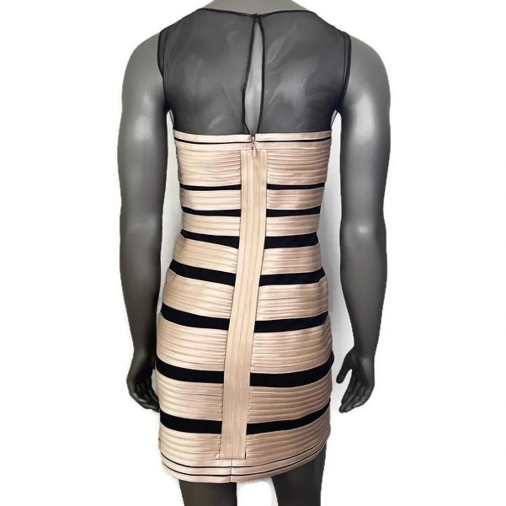 BCBGMaxazria Dress Womens 6 Champagne Satin Mesh Sleeveless Short Party Sexy - Picture 2 of 9